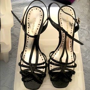 BCBGirls Black Snake Skin Strappy Sandal Heels